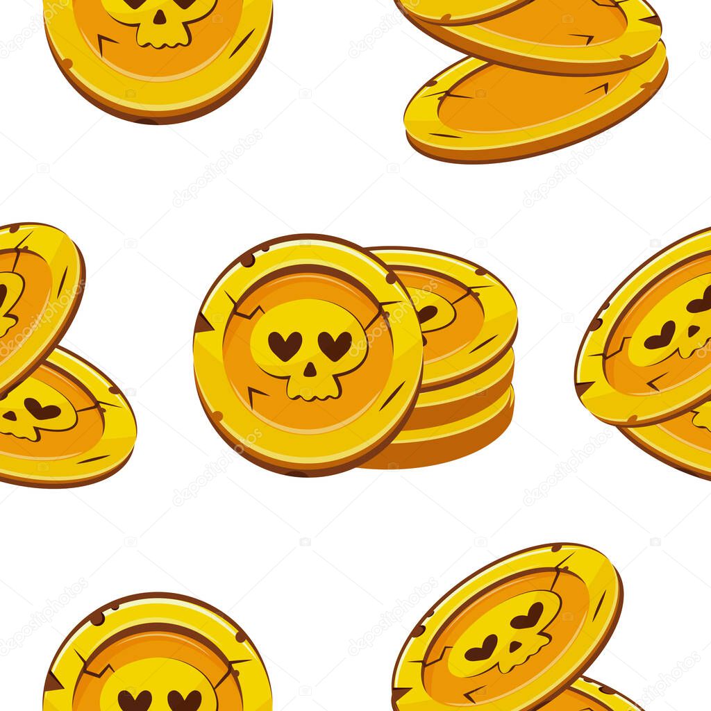 Pattern of gold coins with Halloween skulls with a loving expression, coins for game, icons or other gaming sites