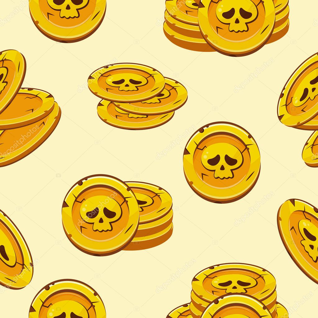 Seamless pattern of gold slot coins with Halloween skulls with sad facial expressions lying in different stacks on a yellow background, coins for game, icons or other gaming sites