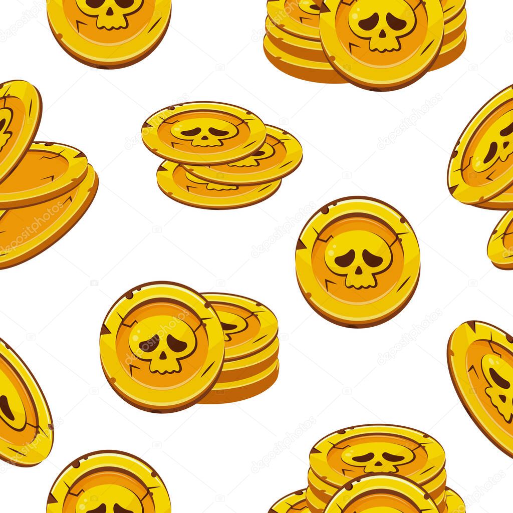 Seamless pattern of gold slot coins with Halloween skulls with sad facial expressions lying in different stacks of different sizes arranged randomly, coins for game, icons or other gaming sites