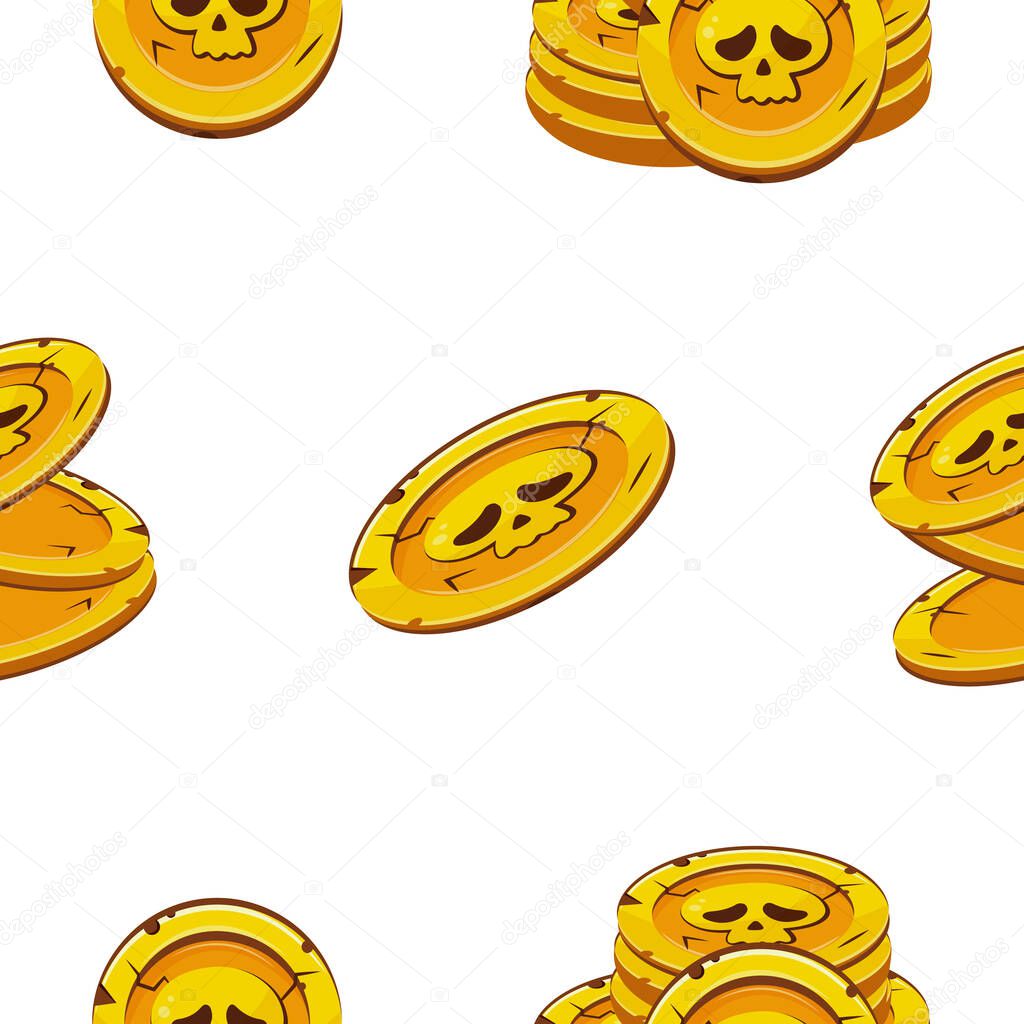 Pattern of gold slot coins with Halloween skulls with sad facial expressions lying in different stacks of different sizes, coins for game, icons or other gaming sites