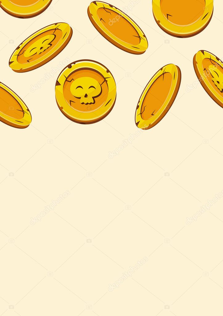 Poster with cute skulls located on gold coins on slots that lie in different stacks on a yellow background, coins for the game, icons or other gaming sites