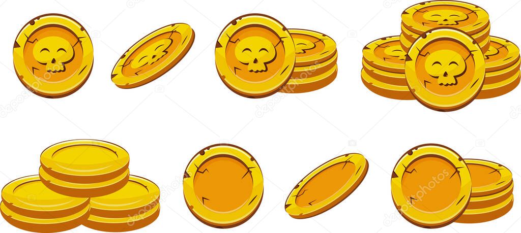 Set with cute skulls located on gold coins on slots that lie in different stacks, coins for game, icons or other gaming sites