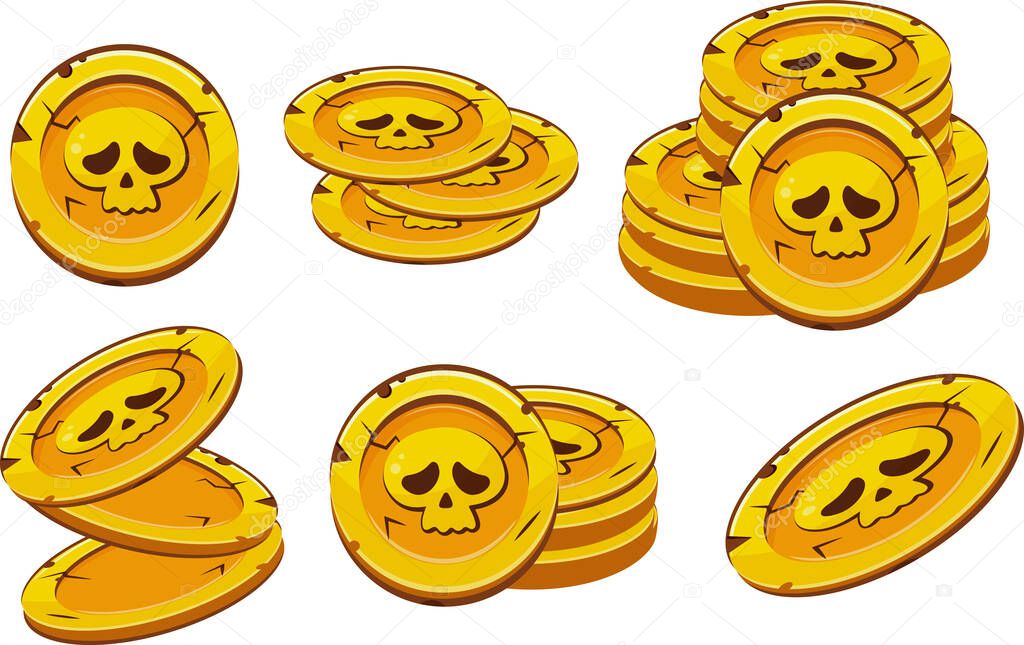 Large set of gold slot coins with Halloween skulls with sad facial expressions lying in different stacks of different sizes, coins for the game, icons or other gaming sites