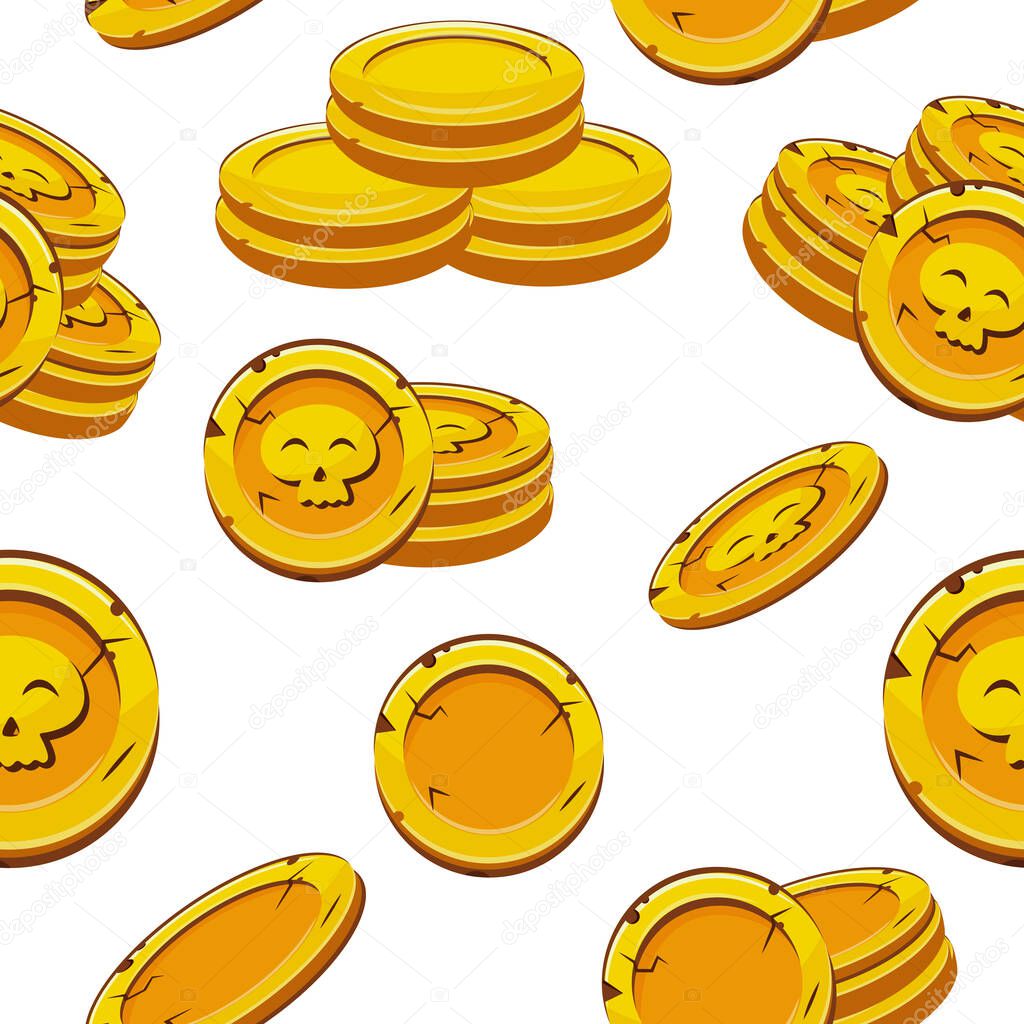 Seamless pattern with cute skulls located on gold coins on slots that lie in different stacks and are arranged randomly, coins for game, icons or other gaming sites