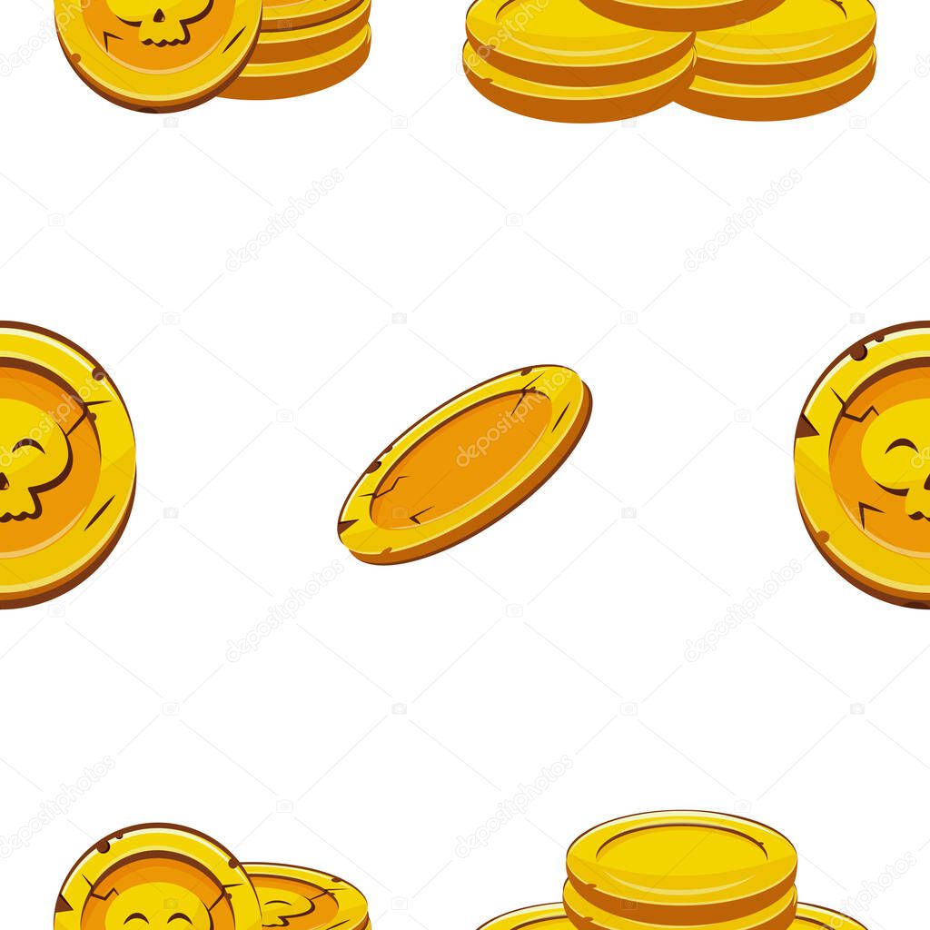 Pattern with cute skulls located on gold coins on slots that lie in different stacks, coins for game, icons or other gaming sites