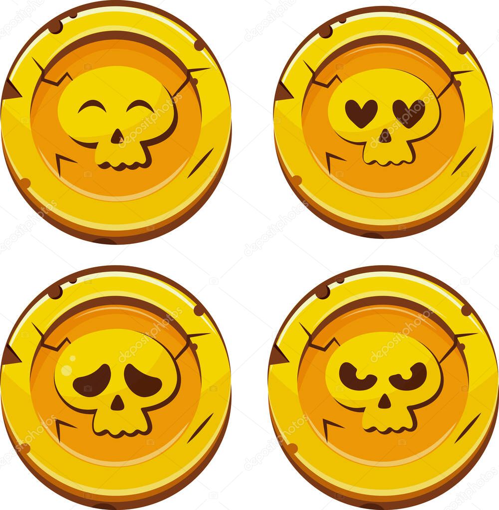 Set of gold coins with Halloween skulls with a loving expression, coins for games, icons or other gaming sites
