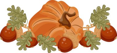 icon of a round orange autumn pumpkin with autumn plants, namely with oak branches with ripe acorns, for seasonal autumn designs