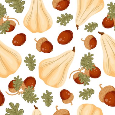 pattern with long white ripe pumpkins with branches with ripe acorns and green leaves arranged randomly, for autumn seasonal designs, textiles or packaging