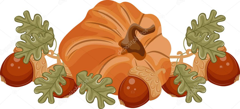 Icon of a round orange autumn pumpkin with autumn plants, namely with oak branches with ripe acorns, for seasonal autumn designs