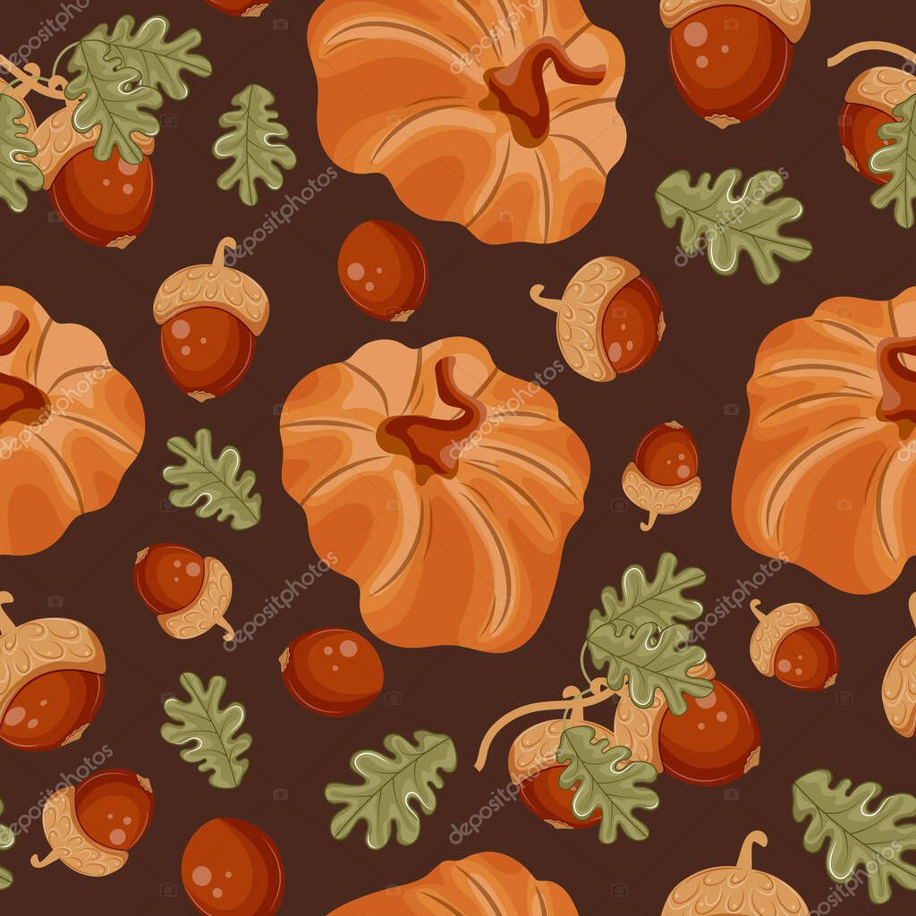 Pattern with round orange autumn pumpkins with autumn plants namely oak branches with ripe acorns on a brown background, for seasonal autumn designs