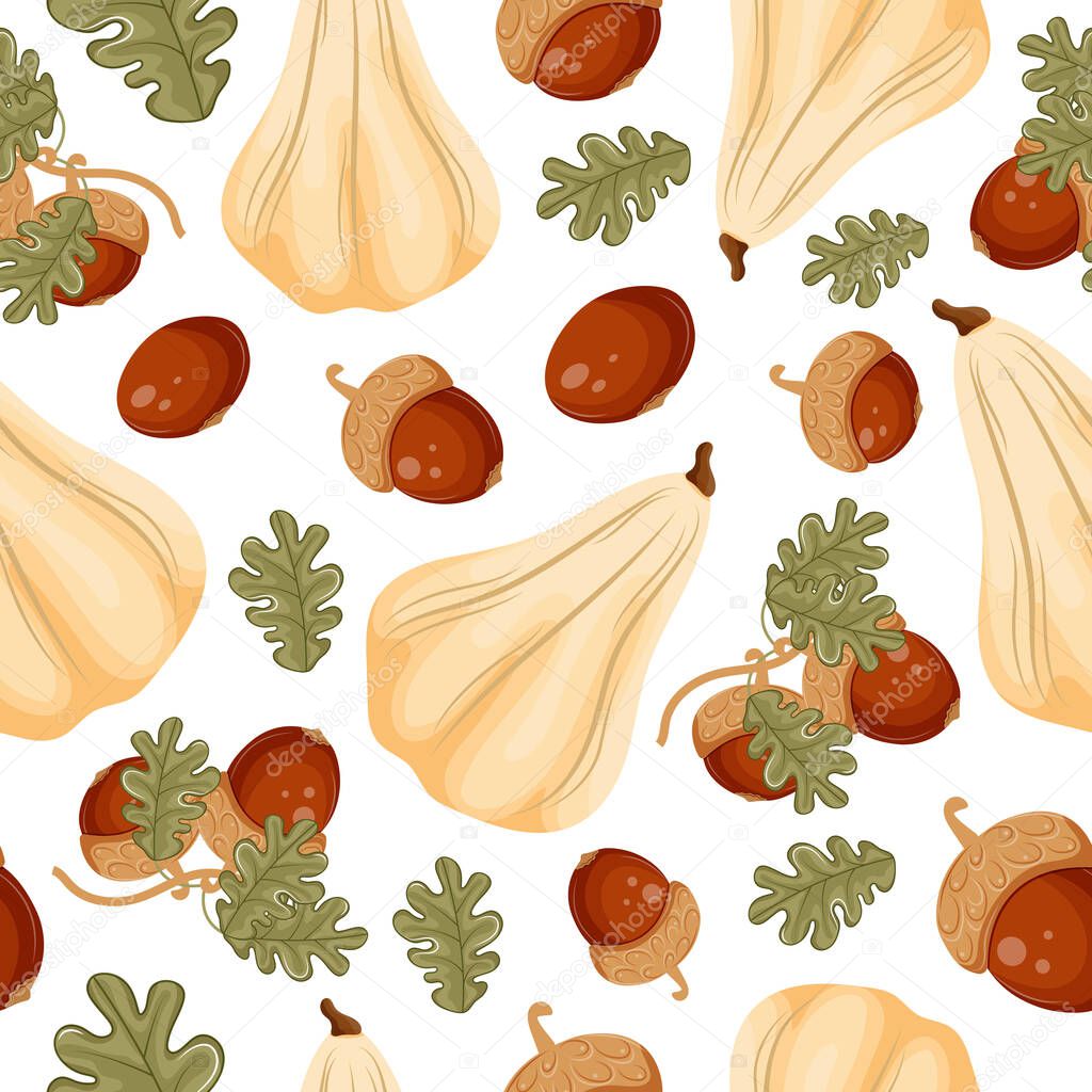 Pattern with long white ripe pumpkins with branches with ripe acorns and green leaves arranged randomly, for autumn seasonal designs, textiles or packaging