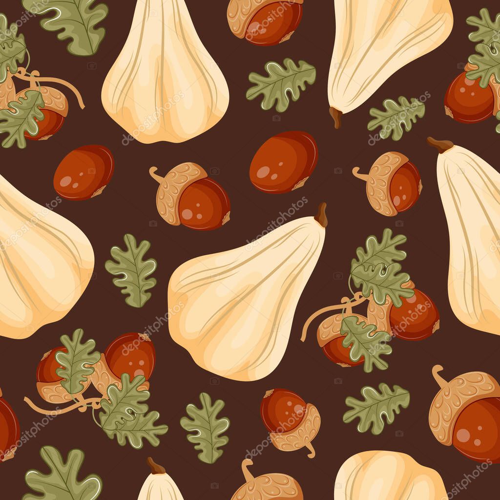Pattern with long white ripe pumpkins with branches with ripe acorns and green leaves arranged randomly on a brown background, for autumn seasonal designs, textiles or packaging