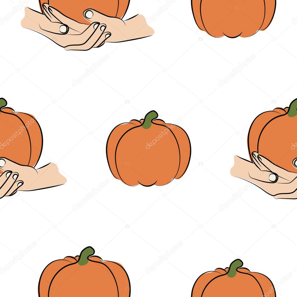 Pattern of human hands holding an orange ripe pumpkin in line art style with colored spots behind