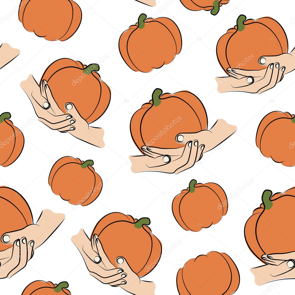 Seamless pattern of human hands holding an orange ripe pumpkin in line art style with color spots behind placed randomly