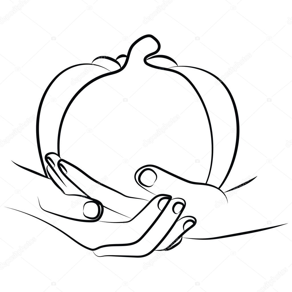 Icon of human hands holding a ripe pumpkin in line art style