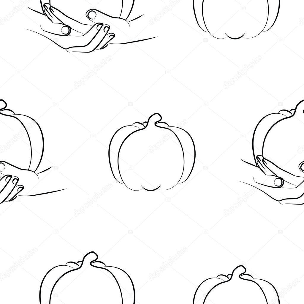 Pattern of human hands holding a ripe pumpkin in line art style
