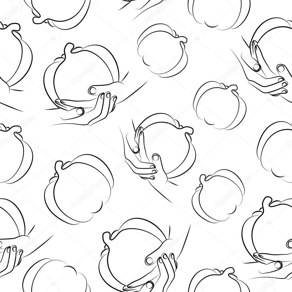 Seamless pattern of human hands holding a ripe pumpkin in line art style placed randomly