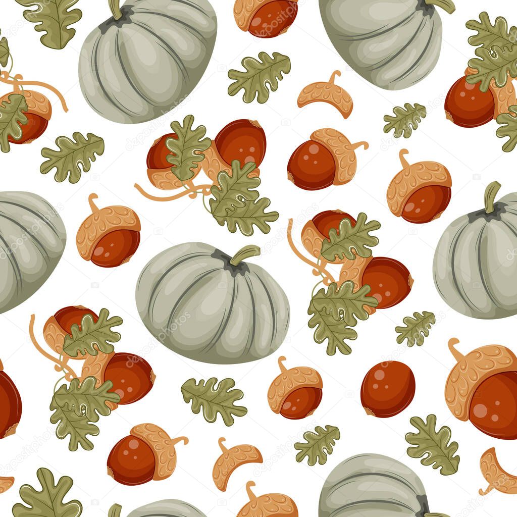 Pattern with autumn harvest of green pumpkins and oak branches with ripe brown acorns, for autumn seasonal designs, textiles or packaging