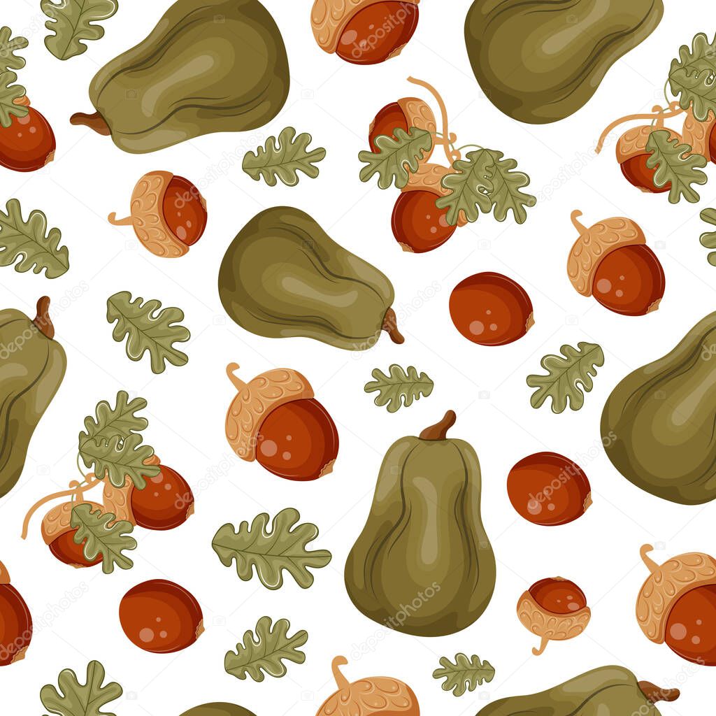Pattern with autumn harvest of green long pumpkins and oak branches with ripe brown acorns, for autumn seasonal designs, textiles or packaging