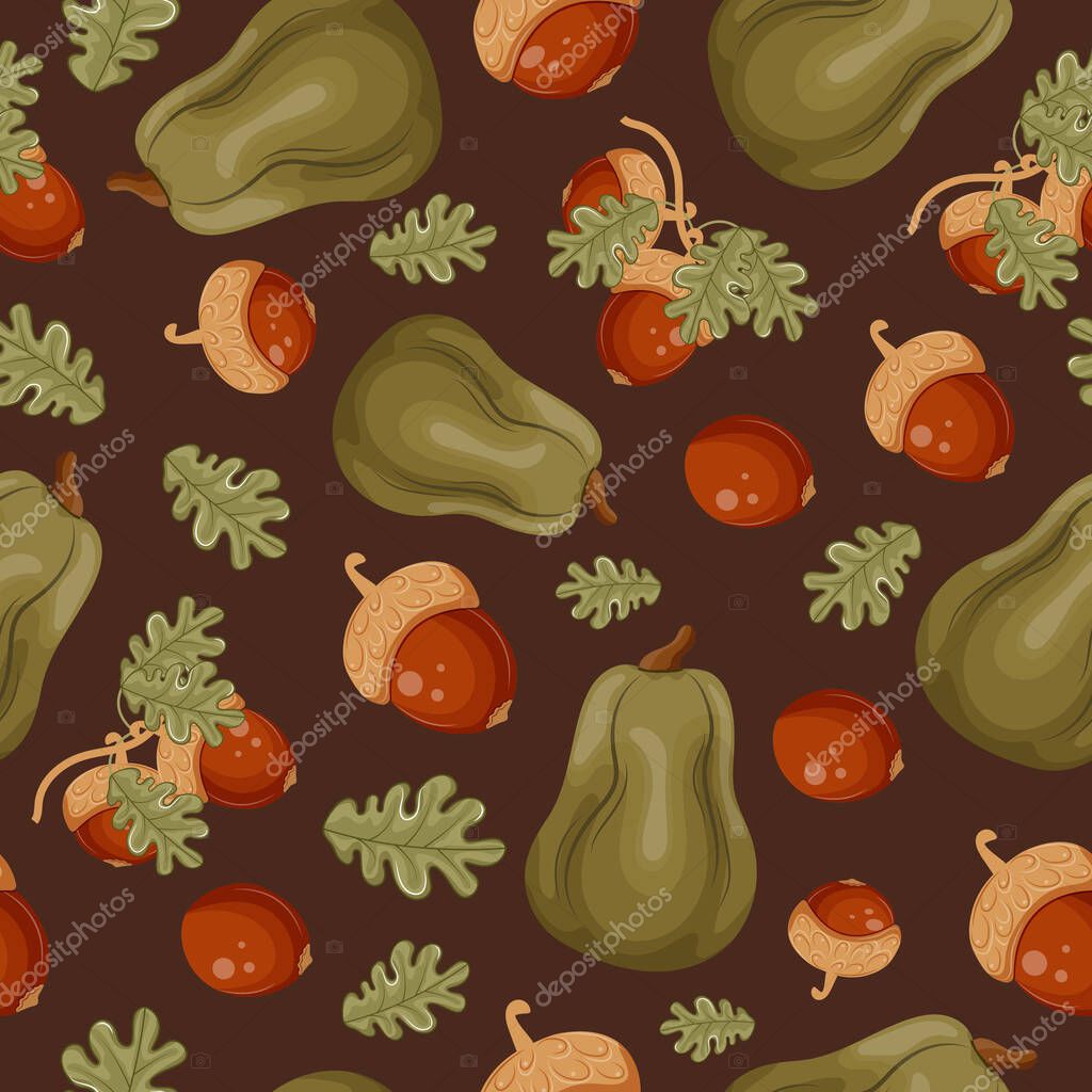 Pattern with autumn harvest of green long pumpkins and oak branches with ripe brown acorns on a brown background, for autumn seasonal designs, textiles or packaging
