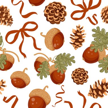 seamless pattern with various pine cones and acorns of various sizes along with brown ribbons, for holiday designs