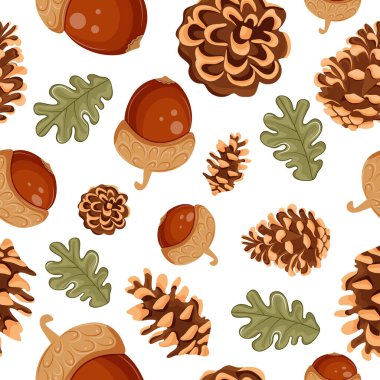 Seamless pattern with various pine cones and acorns of various sizes arranged randomly, for holiday packaging, textiles or other holiday designs