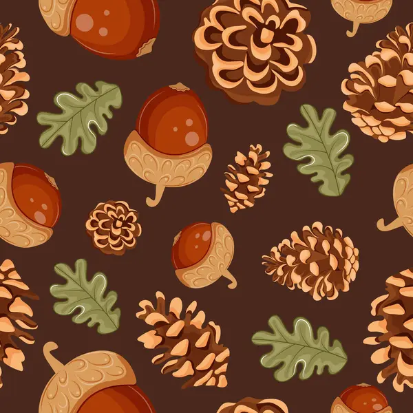 Seamless pattern with various pine cones and acorns of various sizes arranged randomly on a brown background, for holiday packaging, textiles or other holiday designs