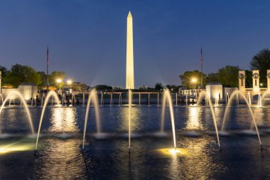 Uzakta Washington Anıtı olan gece çeşmeleri