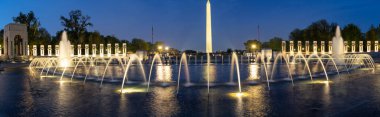 Uzakta Washington Anıtı olan gece çeşmeleri