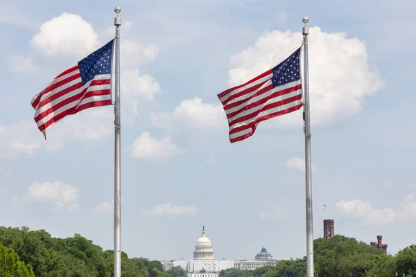 アメリカ合衆国の国旗に囲まれたキャピタルビル — ストック写真