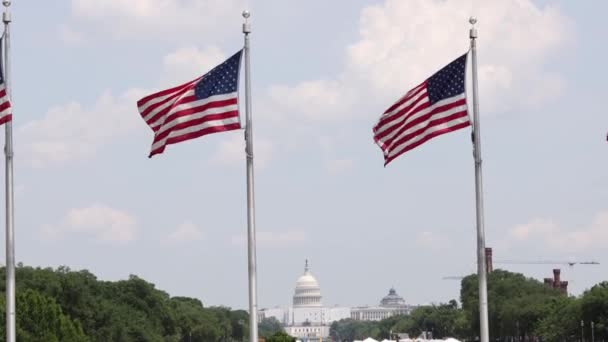 Americké Vlajky Vlály Větru Budovou Hlavního Města Usa Dálce — Stock video
