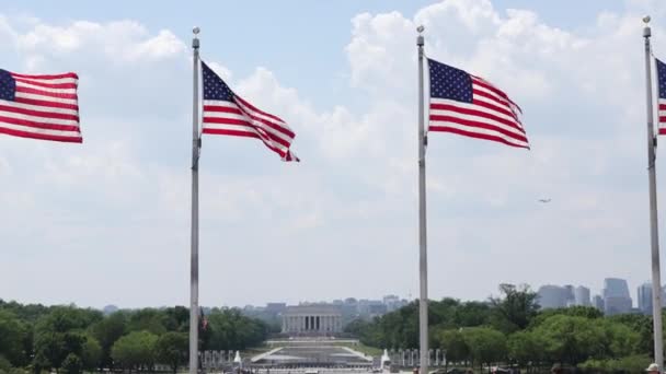 Американские Флаги Развевающиеся Ветру Мемориалом Линкольна Вдалеке — стоковое видео