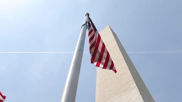 Banderas Estadounidenses Ondeando Alrededor Del Monumento Washington — Vídeos de Stock