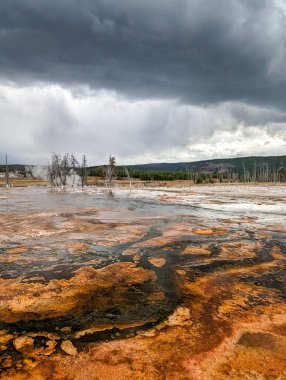 Yellowstone Ulusal Parkı 'ndaki gayzer akışı üzerinde fırtına bulutları oluşuyor