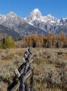 Eski ahşap çit Grand Teton dağ sırasına doğru gidiyor.