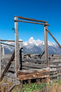 Teton Dağları 'nın önündeki eski terk edilmiş çiftlik aletleri.