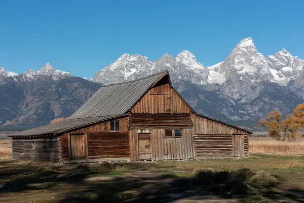 Grand Teton sıradağlarının önündeki terk edilmiş ahır.