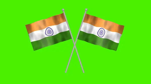 Crossed Table Flag of India, India Crossed Table flag waving in wind on Green Background. India Flag, Flag of India.