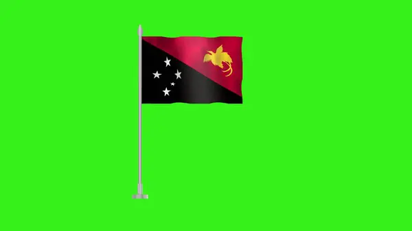 Pole Flag of Papua New Guinea, Papua New Guinea Pole flag waving in wind on Green Background. Papua New Guinea Flag, Flag of Papua New Guinea.