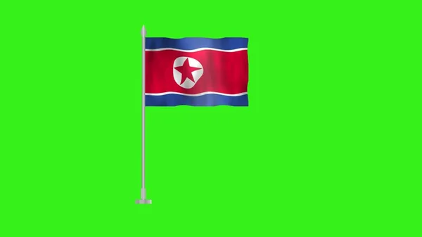 Pole Flag of North Korea, North Korea Pole flag waving in wind on Green Background. North Korea Flag, Flag of North Korea.