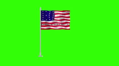 Bikini mercan bayrağı, yeşil ekran krom anahtarı üzerinde Bikini mercan bayrağı, rüzgarda dalgalanan 3 boyutlu animasyon bayrağı yeşil zeminde izole edilmiş.. 