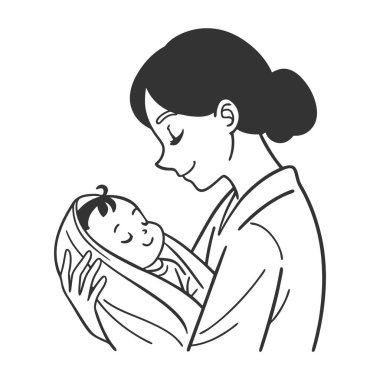 Genç, mutlu bir anne ve askıda bir bebek.