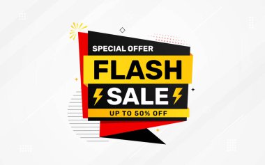 İnternet ya da sosyal medya için flaş indirimli afiş. İndirim etiketli satış afişi promosyon şablonu. Kısıtlı zaman teklifi, ekstra indirim. Ticari poster, satış arkaplan vektörü illüstrasyonu