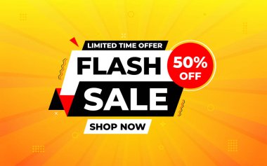 İnternet ya da sosyal medya için flaş indirimli afiş. İndirim etiketli satış afişi promosyon şablonu. Kısıtlı zaman teklifi, ekstra indirim. Ticari poster, satış arkaplan vektörü illüstrasyonu