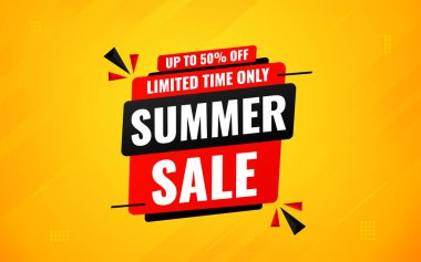 Yaz indirimi afişi. Yaz indirimi sancak vektör şablonu. Satış etiketi ve indirimli arka plan, indirimli tanıtım reklam poster tasarımı web ve sosyal için. Vektör İllüstrasyonu.