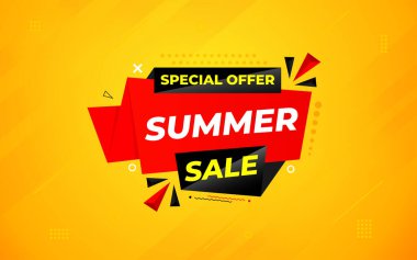 Yaz teklif satışı afiş şablonu. Yaz indirimi afişi. İndirimli etiket ve indirimli arka plan, indirimli tanıtım pazarlama poster tasarımı. Vektör İllüstrasyonu.