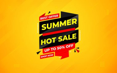 Yaz teklif satışı afiş şablonu. Yaz indirimi afişi. İndirimli etiket ve indirimli arka plan, indirimli tanıtım pazarlama poster tasarımı. Vektör İllüstrasyonu.