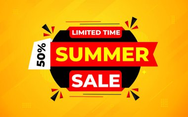 Yaz indirimi afişi. Yaz indirimi sancak vektör şablonu. Satış etiketi ve indirimli arka plan, indirimli tanıtım reklam poster tasarımı web ve sosyal için. Vektör İllüstrasyonu.