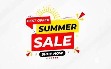 Yaz teklif satışı afiş şablonu. Yaz indirimi afişi. İndirimli etiket ve indirimli arka plan, indirimli tanıtım pazarlama poster tasarımı. Vektör İllüstrasyonu.