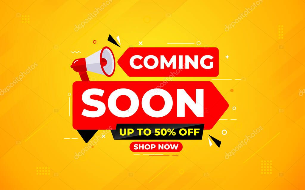 Coming Soon Sale Banner vector template. Grand Opening vector graphic element. Super shop label Promo design. Product opening festival background collection.